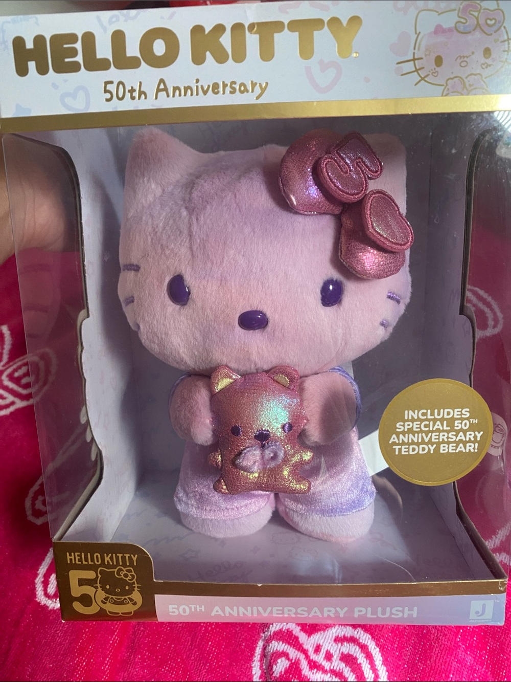 Hello Kitty Pink Plush with Iridescent Rose Bow and Teddy